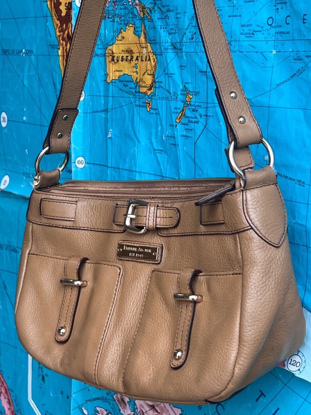 Etienne Aigner Tan Pebbled Leather Shoulder Bag with Buckle Accent - Picture 2 of 14